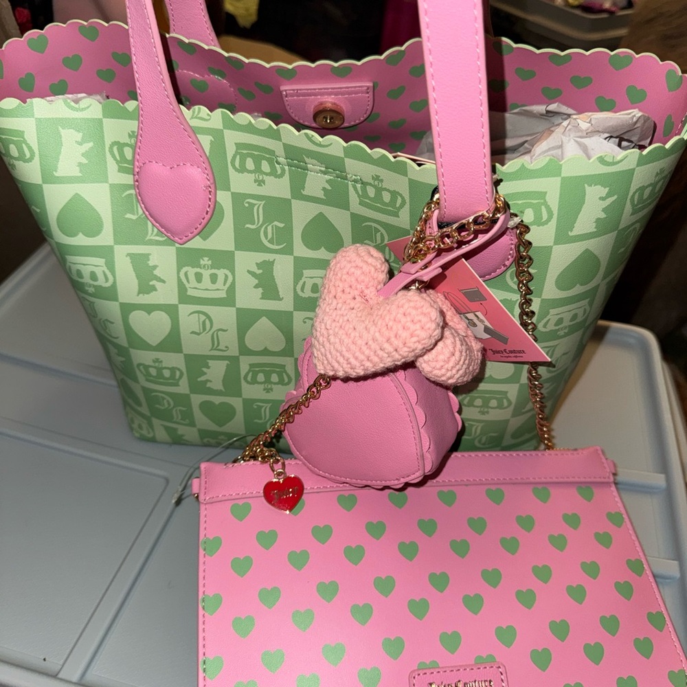 Juicy Couture Pink & Mint Heart Print Tote with Pouch